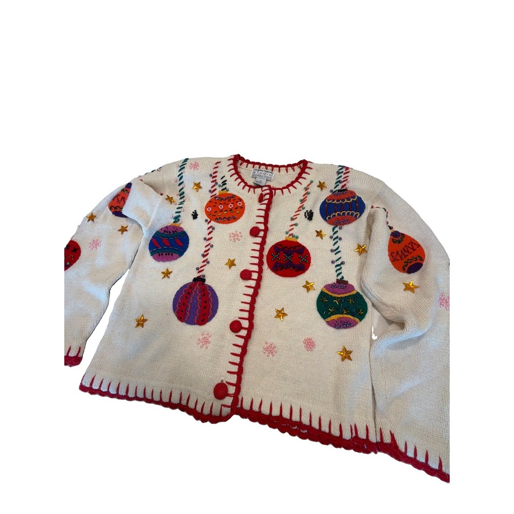 Vtg Christmas Ornament Embroidered Beaded Sweater Small W Button Cardigan